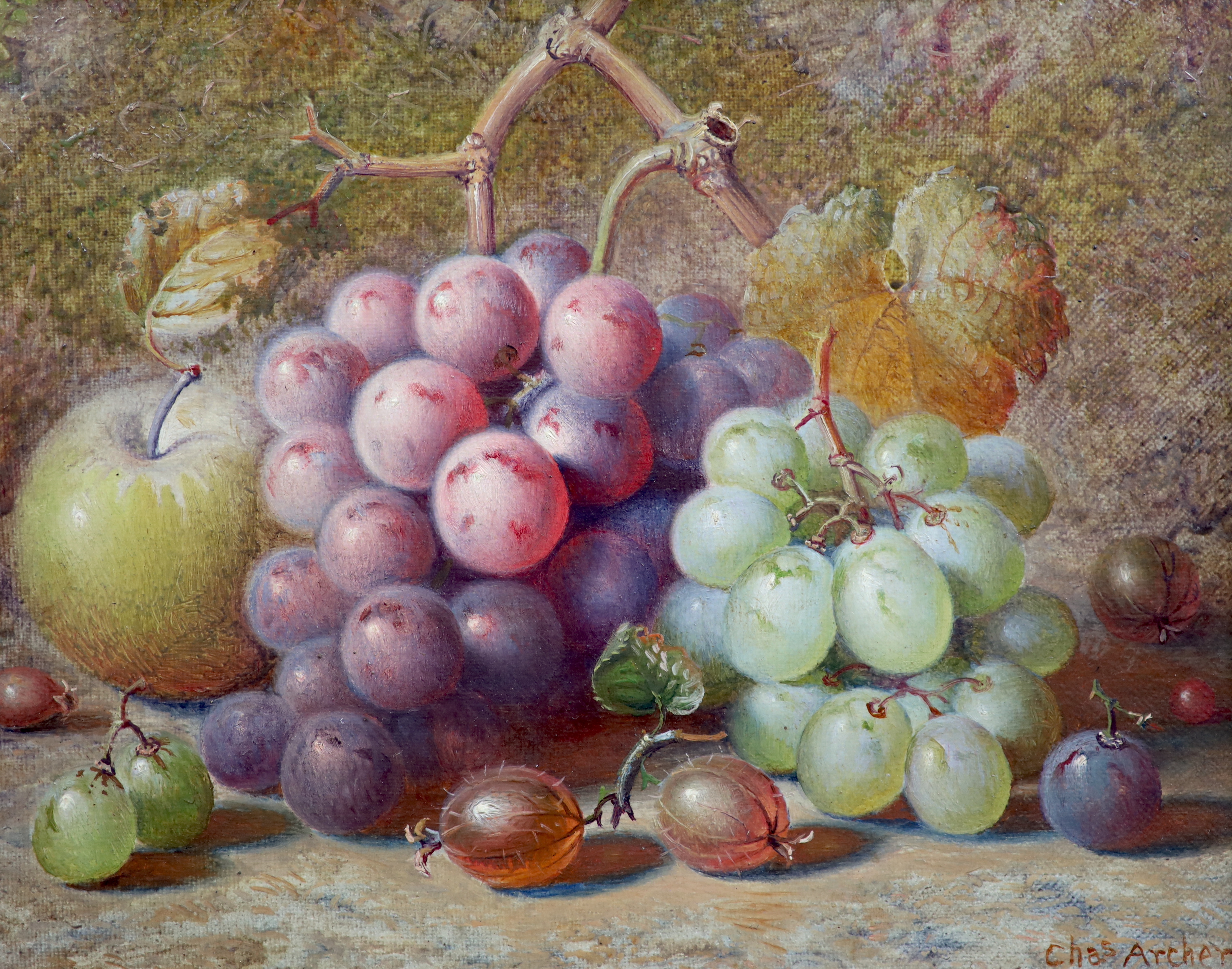 Charles Archer (British, 1855-1931), Still lifes of plums, apples, rosehips, white currants and a raspberry, and of apple, grapes and gooseberries, pair of oils on canvas board, 19.5 x 24.5cm